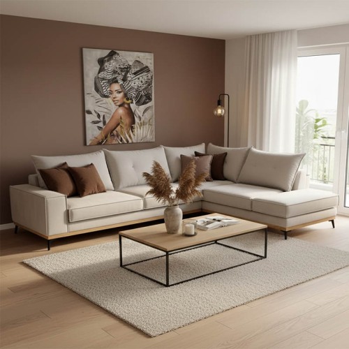 Γωνιακός καναπές αριστερή γωνία Luxury II pakoworld ύφασμα cream-mocha 290x235x95εκ