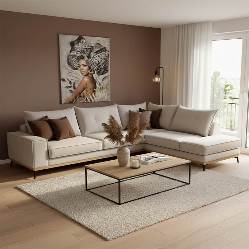 Γωνιακός καναπές αριστερή γωνία Luxury II pakoworld ύφασμα cream-mocha 290x235x95εκ