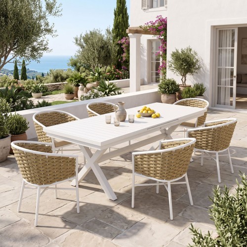 Τραπεζαρία Dagyn Noevo pakoworld σετ 7τεμ λευκό αλουμίνιο με PE σχοινί σε φυσική απόχρωση 180-240x90x76εκ