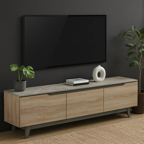 Έπιπλο τηλεόρασης Kasandra pakoworld μπεζ μαρμάρου-sonoma 180x35x48.5εκ
