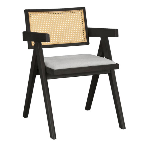 Σετ-2Τεμ.Πολυθρόνα Winslow pakoworld ξύλο rubberwood μαύρο-pvc rattan φυσικό-ύφασμα γκρι