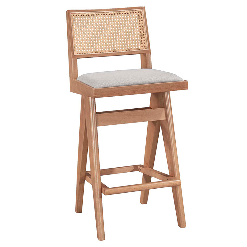 Σετ-2Τεμ.Σκαμπό bar Winslow pakoworld ξύλο rubberwood ανοικτό καρυδί-pvc rattan φυσικό-ύφασμα γκρι 44.5x46x98εκ