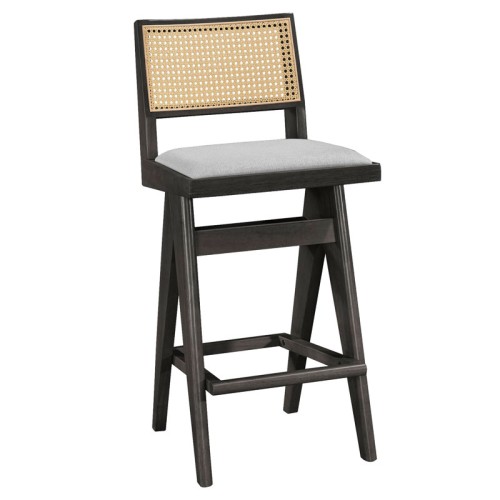 Σετ-2Τεμ.Σκαμπό bar Winslow pakoworld ξύλο rubberwood μαύρο-pvc rattan φυσικό-ύφασμα γκρι 44.5x46x98εκ
