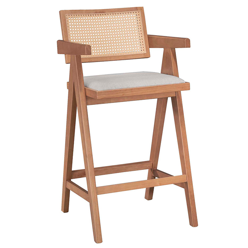 Σετ-2Τεμ.Σκαμπό bar Winslow pakoworld ξύλο rubberwood ανοικτό καρυδί-pvc rattan φυσικό-ύφασμα γκρι