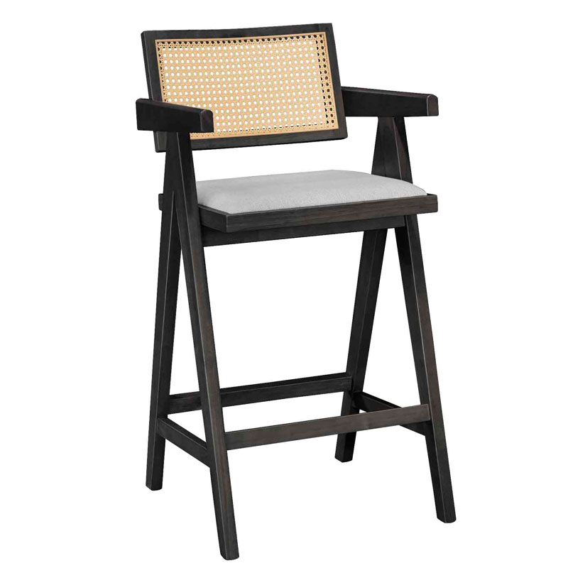 Σετ-2Τεμ.Σκαμπό bar Winslow pakoworld ξύλο rubberwood μαύρο-pvc rattan φυσικό-ύφασμα γκρι