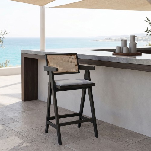 Σετ-2Τεμ.Σκαμπό bar Winslow pakoworld ξύλο rubberwood μαύρο-pvc rattan φυσικό-ύφασμα γκρι