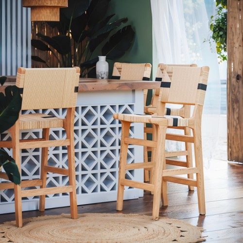 Σκαμπό μπαρ Nelanto pakoworld rubberwood φυσικό-έδρα φυσικό-μαύρο σχοινί 45x46x95εκ
