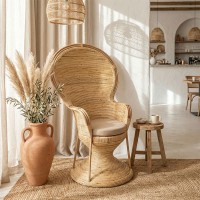Πολυθρόνα Rea Inart με μπεζ μαξιλάρι-φυσικό rattan 92x75x140εκ