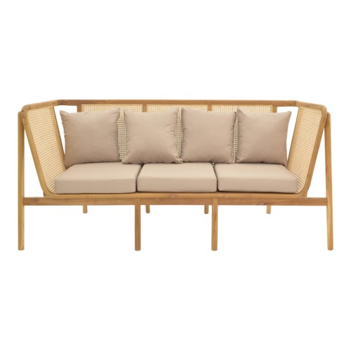 Καναπές τριθέσιος Jenta pakoworld teak ξύλο με rattan σε φυσική απόχρωση και μπεζ μαξιλάρι 203x67x92εκ
