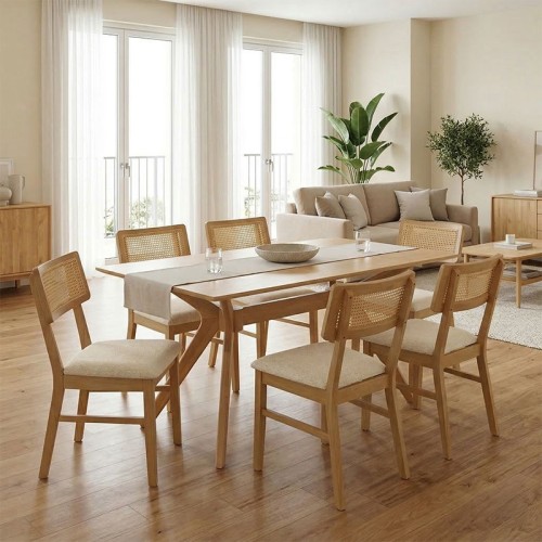 Τραπεζαρία Raffles pakoworld σετ 7τεμ rubberwood με pe rattanσε φυσική απόχρωση 150x90x76εκ