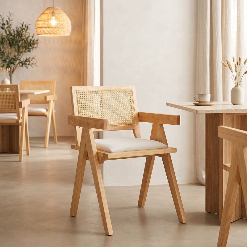 Σετ-2Τεμ.Πολυθρόνα Winslow pakoworld rubberwood σε φυσική απόχρωση-ύφασμα λευκό 51x54x80εκ