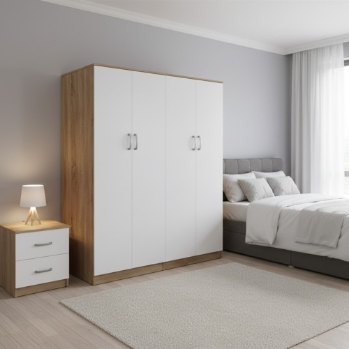 Ντουλάπα τετράφυλλη Athos Ι pakoworld sonoma-λευκό 160x42x180εκ
