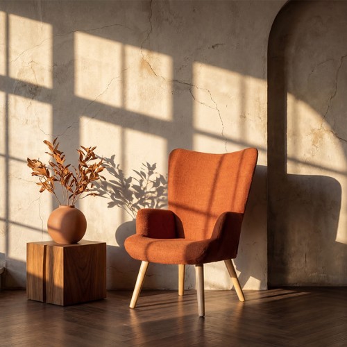 Πολυθρόνα-μπερζέρα Gerlina pakoworld terracotta ύφασμα με πόδι σε φυσική απόχρωση 71x64x94εκ