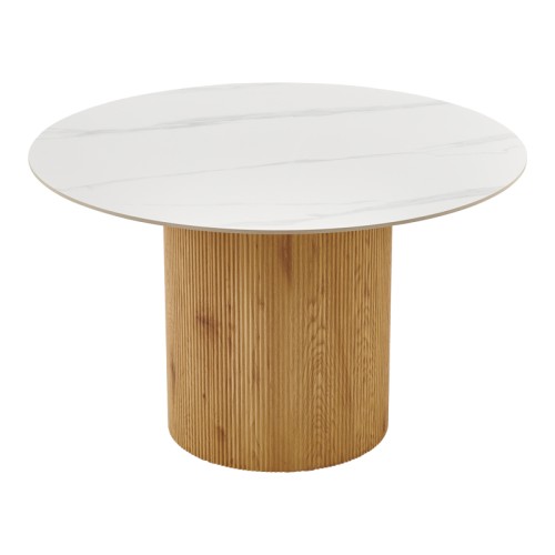 Τραπέζι Sikulu pakoworld oak MDF με κεραμική επιφάνεια σε λευκό μαρμάρου Φ125x77εκ