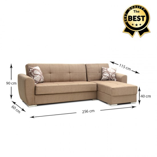 Γωνιακός καναπές - κρεβάτι Landon Megapap αναστρέψιμος υφασμάτινος με αποθηκευτικό χώρο σε μπεζ - ανοιχτό καφέ 256x60/115x90εκ.