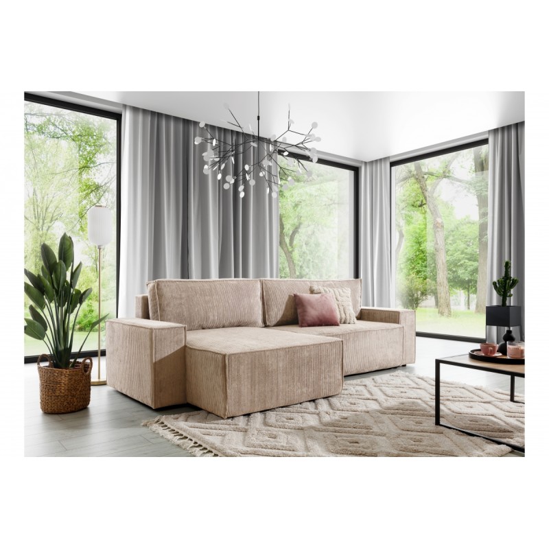 Γωνιακός Καναπές κρεβάτι Flabio Mini σε μπέζ κοτλέ 283x144x77cm