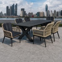 ALLEY Set Τραπεζαρία ALU Ανθρακί-Rope Φυσικό: Τραπέζι 180x94 + 6 Πολυθρόνες με Μαξιλ Table:180x94x72 Chair:62x64x85