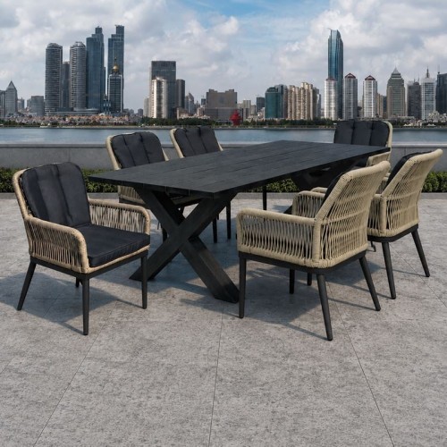 ALLEY Set Τραπεζαρία ALU Ανθρακί-Rope Φυσικό: Τραπέζι 180x94 + 6 Πολυθρόνες με Μαξιλ Table:180x94x72 Chair:62x64x85