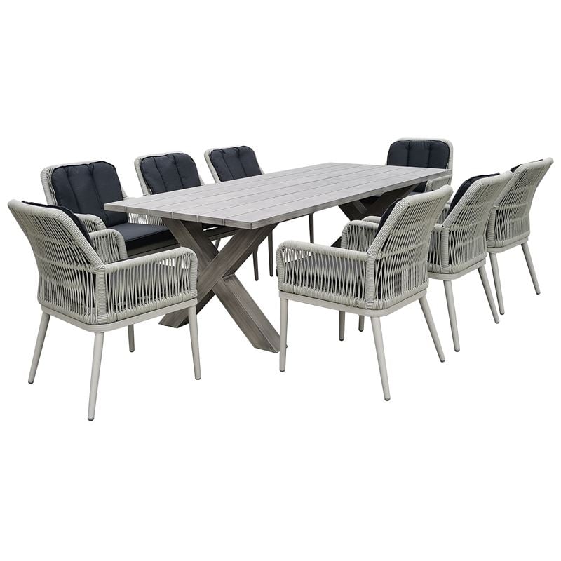 ALLEY Set Τραπεζαρία Κήπου ALU & Rope Grey-Μαξιλ.Ανθρακί: Τραπέζι 220x94 + 8 Πολυθρόνες Τραπ:220x94x72 Πολ:62x64x85cm