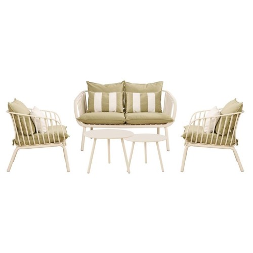 ASTRID Set Σαλόνι Κήπου 5τεμ, PP & Μέταλλο Cream, Μαξιλάρια Sandy Green 2 Πολυθρ+1 Καναπ+2 Τραπεζάκια