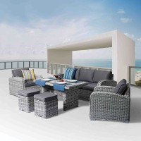 BELMAR Set Σαλόνι Τραπεζαρία ALU: Τραπέζι+3Θέσιο+2 Σκαμπό+2 Πολυθρόνες,Wicker Grey White Τραπέζι:140x80x70cm & 7 Θέσεις