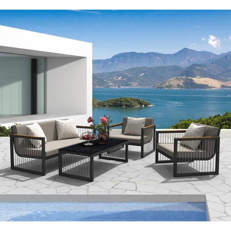 CORDOBA Set Καθιστικό ALU Ανθρακί: Καναπές+2 Πολυθρόνες+ Τραπεζάκι, Μαξιλάρια Μπεζ 147x78x70-80x78x70-120x60x40cm
