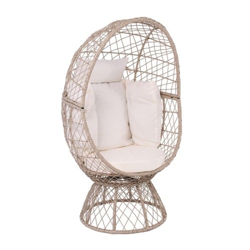 CROWN Πολυθρόνα Egg, Wicker Μπεζ, Μαξιλάρι Άσπρο 85x78x147cm