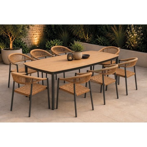 DENVER-MADISON Set Τραπεζαρία: 8 Πολυθρόνες + Τραπέζι, Alu Γκρι Polywood & Wicker Φυσικό Table:220x97x74 Chair:58x56x78