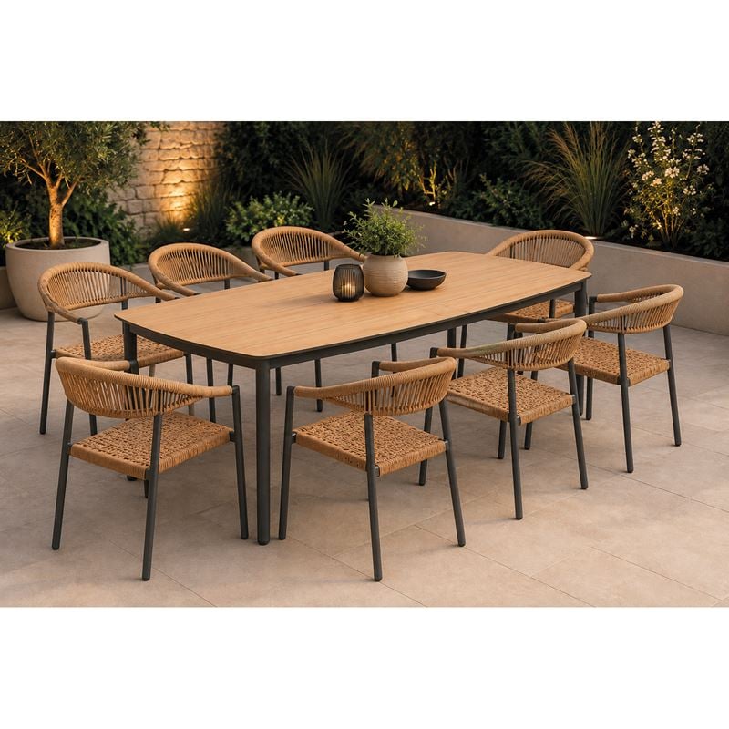 DENVER-MADISON Set Τραπεζαρία: 8 Πολυθρόνες + Τραπέζι, Alu Γκρι Polywood & Wicker Φυσικό Table:220x97x74 Chair:58x56x78