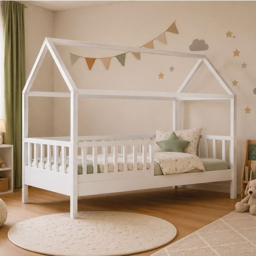 DREAM τ.Montessori Παιδικό Κρεβάτι, για Στρώμα 90x190cm, Ξύλο Πεύκου Απόχρωση Άσπρο 197x97x132cm