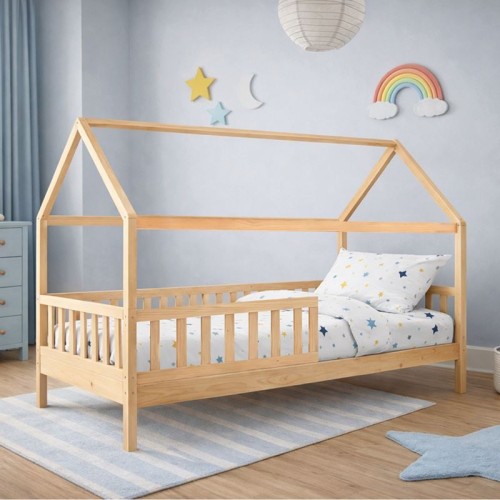 DREAM τ.Montessori Παιδικό Κρεβάτι, για Στρώμα 90x190cm, Ξύλο Πεύκου Απόχρωση Φυσικό 197x97x132cm