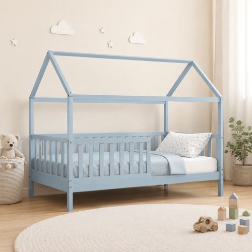 DREAM τ.Montessori Παιδικό Κρεβάτι με Στρώμα 90x190/19cm, Ξύλο Πεύκου Απόχρωση Γαλάζιο 197x97x132cm