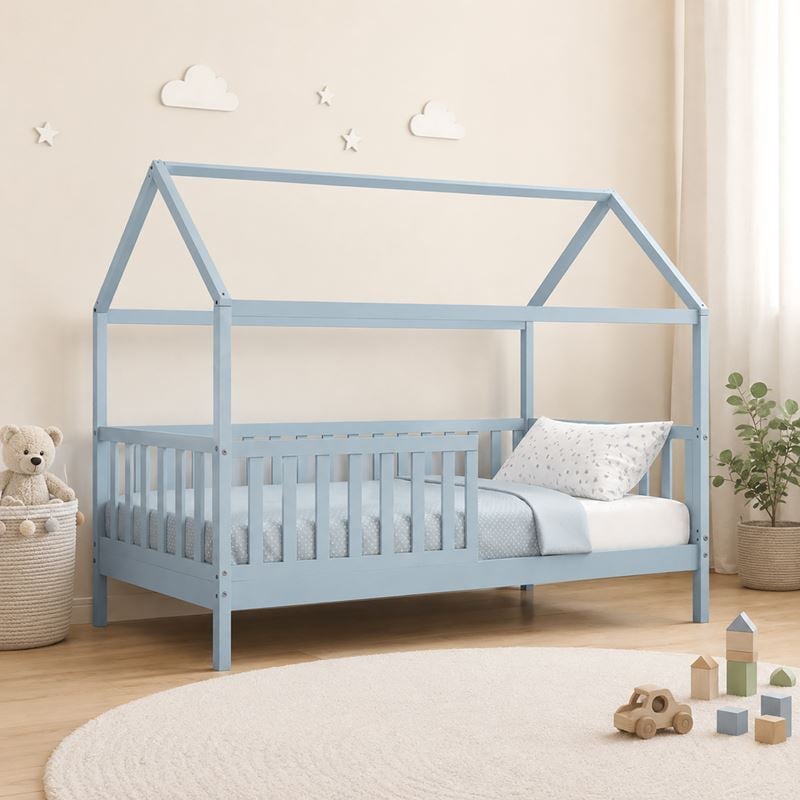 DREAM τ.Montessori Παιδικό Κρεβάτι με Στρώμα 90x190/19cm, Ξύλο Πεύκου Απόχρωση Γαλάζιο 197x97x132cm