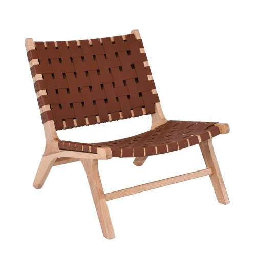 DUNE MAX Lounge Καρέκλα, Ξύλο Απόχρωση Φυσικό, Κάθισμα-Πλάτη Ιμάντες Pu Καφέ 67x78x77cm