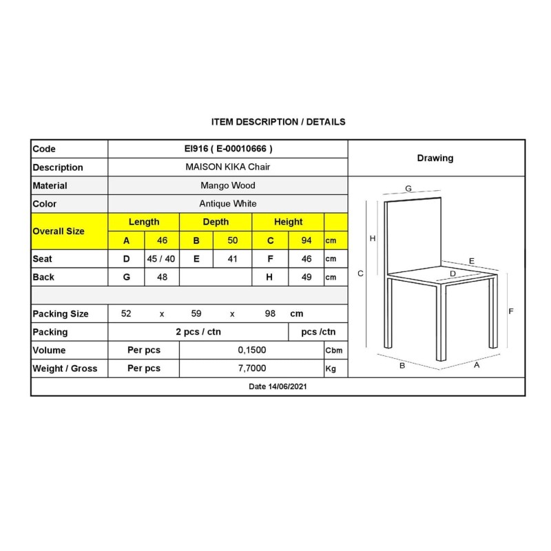 Σετ2ΤεμMAISON KIKA Καρέκλα Dining Ξύλo Mango - Antique Άσπρο 46x50x94cm