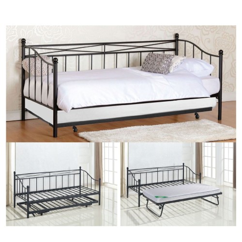 MARIN Daybed Κρεβάτι (90x190) + Βοηθητικό Κρεβάτι (85x185) Μέταλλο Βαφή Μαύρο 198x97x93 + 185x85x36cm