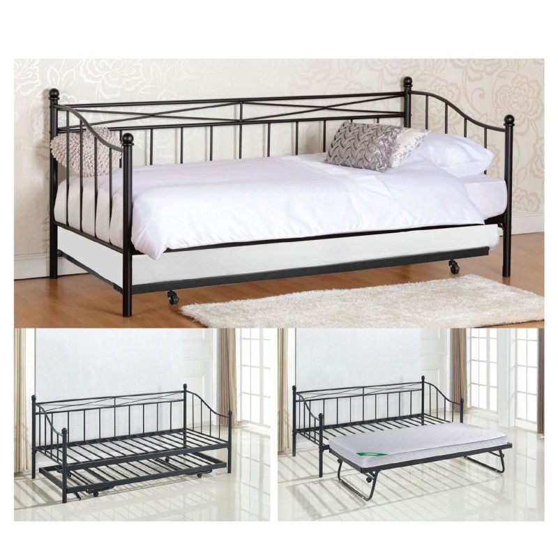 MARIN Daybed Κρεβάτι (90x190) + Βοηθητικό Κρεβάτι (85x185) Μέταλλο Βαφή Μαύρο 198x97x93 + 185x85x36cm