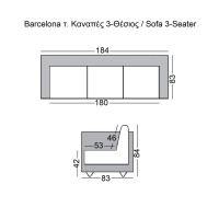 BARCELONA τ. Καναπές Σαλονιού Καθιστικού 3Θέσιος Inox - Pu Μαύρο 184x83x84cm