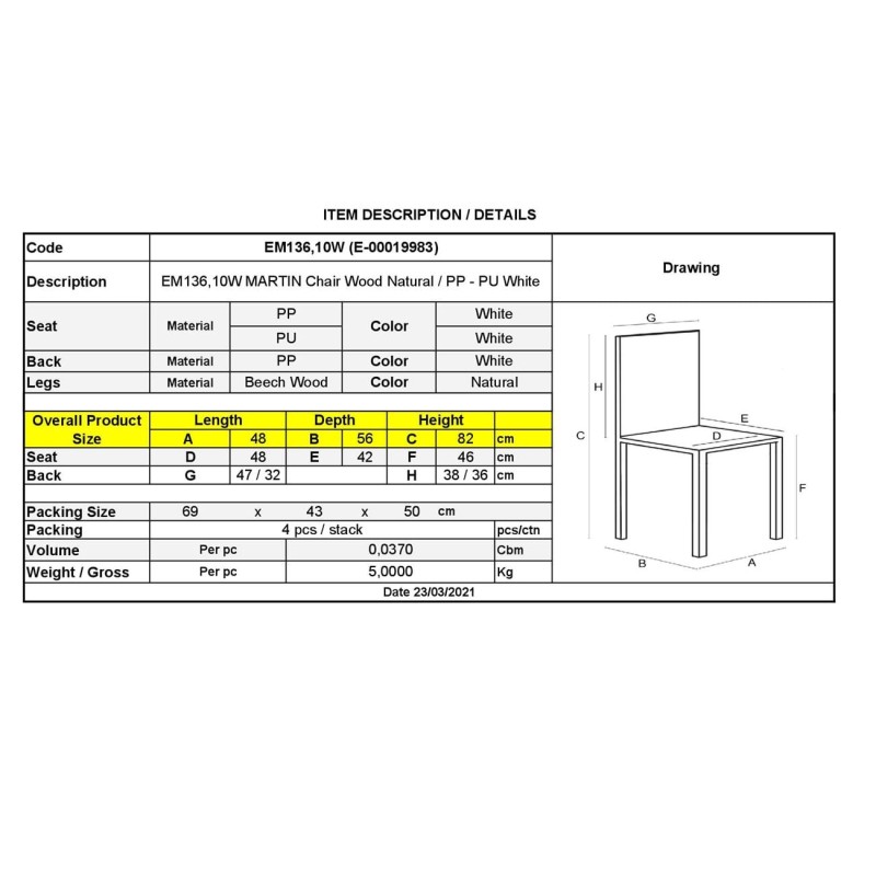 Σετ4ΤεμMARTIN Καρέκλα Τραπεζαρίας Κουζίνας, Metal Cross Ξύλο, PP Άσπρο, Αμοντάριστη Ταπετσαρία 48x56x82cm