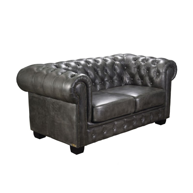 CHESTERFIELD Birmingham Kαναπές 2Θέσιος Σαλονιού Καθιστικού, Δέρμα Antique Grey 155x91x74cm