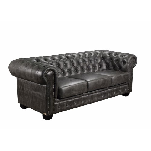 CHESTERFIELD Birmingham Καναπές 3Θέσιος Σαλονιού Καθιστικού, Δέρμα Antique Grey 201x92x74cm