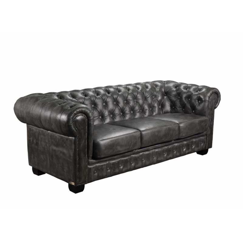 CHESTERFIELD Birmingham Καναπές 3Θέσιος Σαλονιού Καθιστικού, Δέρμα Antique Grey 201x92x74cm