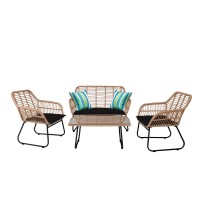 SALSA Set Σαλόνι Κήπου Μέταλλο Μαύρο, Wicker Φυσικό: Τραπέζι + Καναπέ 2Θέσιο + 2 Πολυθρόνες 94x56x44-120x70x86-67x71x83cm