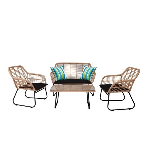 SALSA Set Σαλόνι Κήπου Μέταλλο Μαύρο, Wicker Φυσικό: Τραπέζι + Καναπέ 2Θέσιο + 2 Πολυθρόνες 94x56x44-120x70x86-67x71x83cm