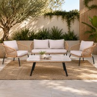 SALSA Plus Set Σαλόνι Κήπου ALU Μαύρο-Γυαλί-Wicker Φυσικό: Τραπέζι+2 Θέσιος+2 Πολυθρόνες 110x55x44-149x74x71-71x71x71cm