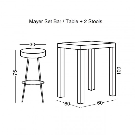 MAYER Set Bar Τραπέζι + 2 Σκαμπώ Μέταλλο Βαφή Ανθρακί - Antique Brown  Table:60x60x100 Stool:Φ30 H.75
