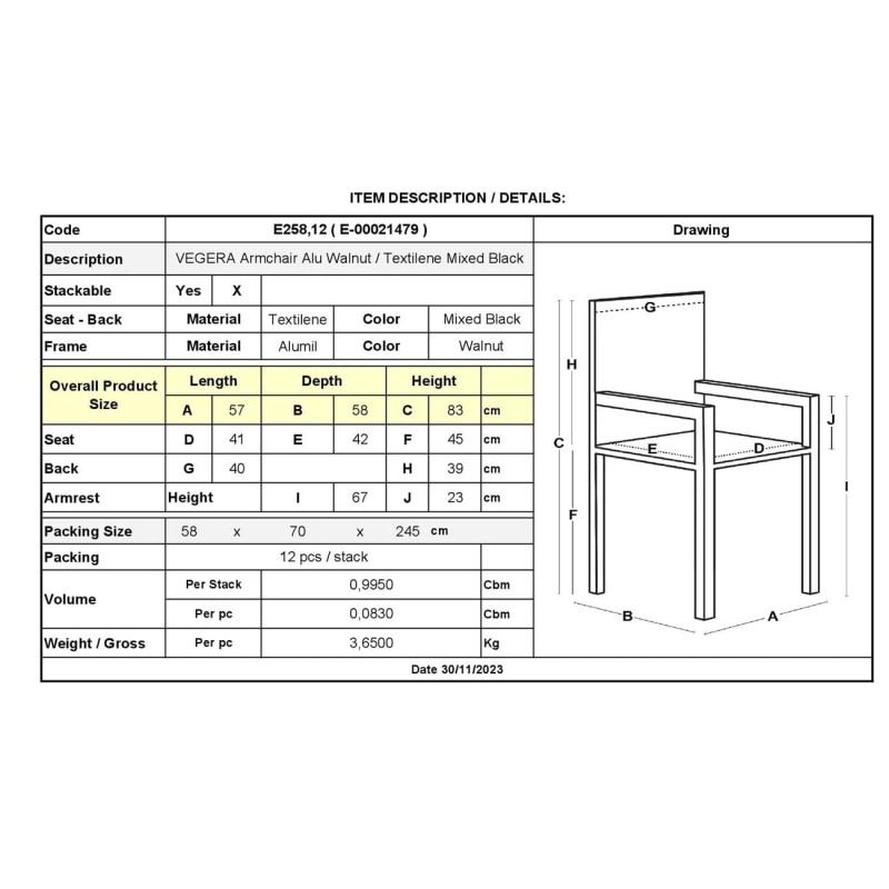 VEGERA Πολυθρόνα Dining Αλουμίνιο Βαφή Καρυδί Textilene Μαύρο, Στοιβαζόμενη 57x58x83cm