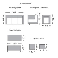 CALIFORNIA Σαλόνι - Τραπεζαρία Τραπέζι+3Θέσιος+2 Πολυθρόνες+ 2 Σκαμπό Μέταλλο-Wicker Φυσικό Table:120x70x70cm Set 7 Seats