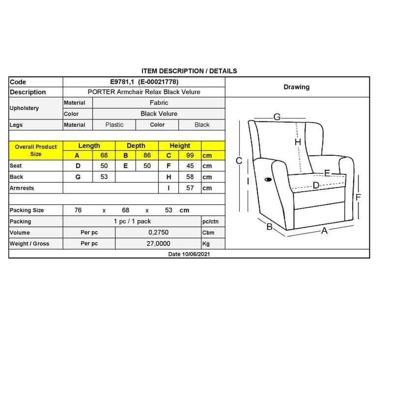 PORTER Πολυθρόνα Relax Σαλονιού - Καθιστικού Μαύρο Velure 68x86x99cm