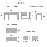CALIFORNIA Σαλόνι - Τραπεζαρία Τραπέζι+3Θέσιος+2 Πολυθρόνες+ 2 Σκαμπό Μέταλλο - Wicker Γκρι Table:120x70x70cm Set 7 Seats